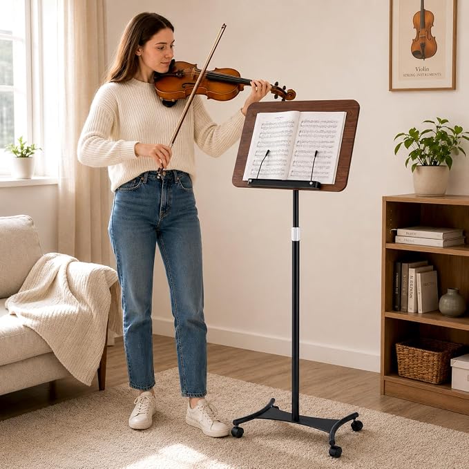 Rolling Book Stand with Wheels, Adjustable Sheet Music & Reading Stand | 16.5 x 11.8 in panel | 19-57 in adjustable height | 360° angle | Lockable wheels | For books, music, tablets