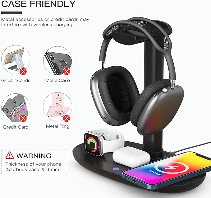 Headphone Stand with 15w Wireless Charger, Suguder 4 in 1 Charging Station Headset Holder for AirPods Max/Pro/4/3/2 iWatch 10/9/8/7/6/5/4/3/2/1/SE iPhone 17/16/15/14/13/12/11/X for Desktop Table Game