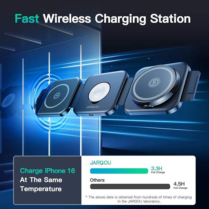 3 in 1 Charging Station for Apple Devices, Foldable Wireless Charging Station for iPhone 17/16/15/14/13/12, Apple Watch & AirPods with Magsafe Charger Stand, Travel Essentials Wireless Charger (Black)