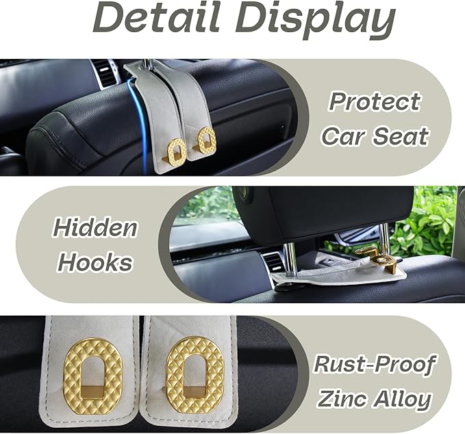 Car Headrest Hooks Universal Car Purse Hook Premium Leather and Alloy Twin Hook Car Seat Back Storage Hanger Hook for Purse Bags Cloth Drink Durable Holder Car Accessories (BH09-White-Gold)