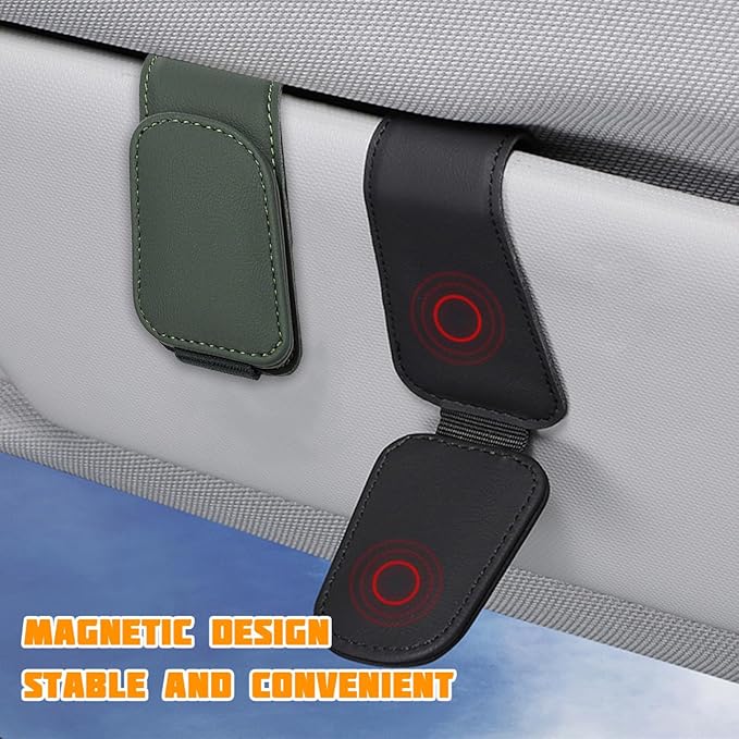 Sunglasses Holder for Car Visor, Microfiber Leather Magnetic Sun Visor Eyeglasses Hanger & Ticket Card Clip, Multi-Function Automotive Interior Glasses Mount, Universal Fit (Black Green)