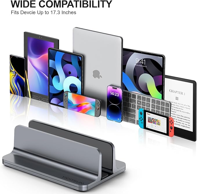 Aluminum Vertical Laptop Stand for Desk - Adjustable Width Dock for MacBook, Surface, Samsung, HP, Dell up to 17.3 inches - Space-Saving & Protective Design - Gray