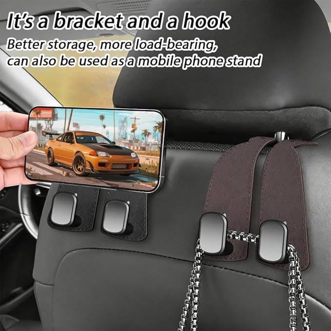 Car Purse Hook for Headrest, 2-in-1 Design with Phone Holder, Heavy Duty Metal Vehicle Storage Organizer, Universal Handbag Holder, Black Leather Seat Hangers for Grocery Bags, Clothes (Gray)