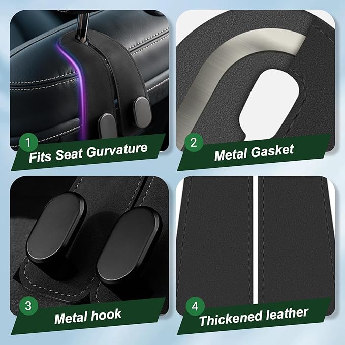 4 Pack Leather Seat Back Hooks - Heavy Duty Double Hooks for Purses, Grocery Bags, Umbrellas & Mask, Car Organizer Accessories (4)