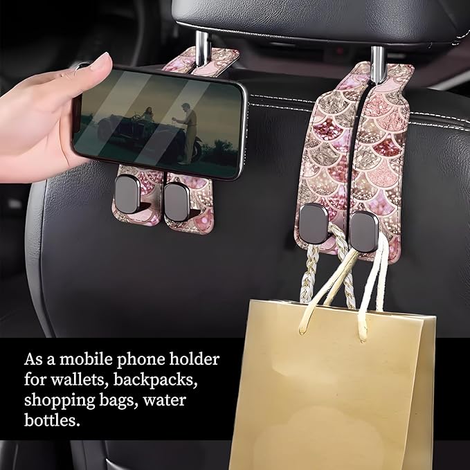 Car Seat Headrest Hook, Universal Leather Cute Hanger Holder Hook, Storage Organizer Interior Accessories for Purse Bags Handbag Glitter Colorful Shells