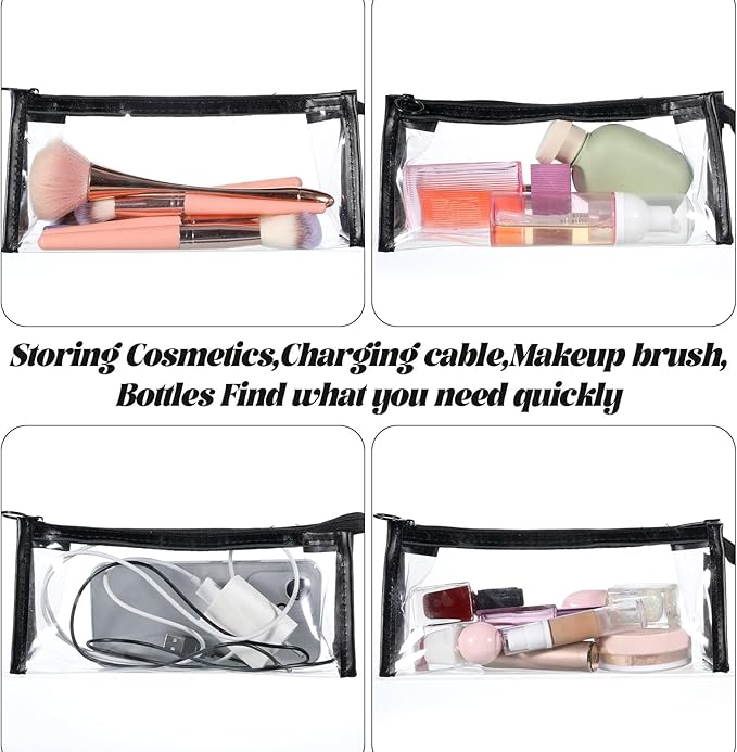 3pcs Clear Travel Toiletry Bag Clear Plastic Zipper Pouches Waterproof PVC for Travel Makeup Cosmetics Organizer, Black Small Transparent Storage Bag for Office Vacation Beach Home