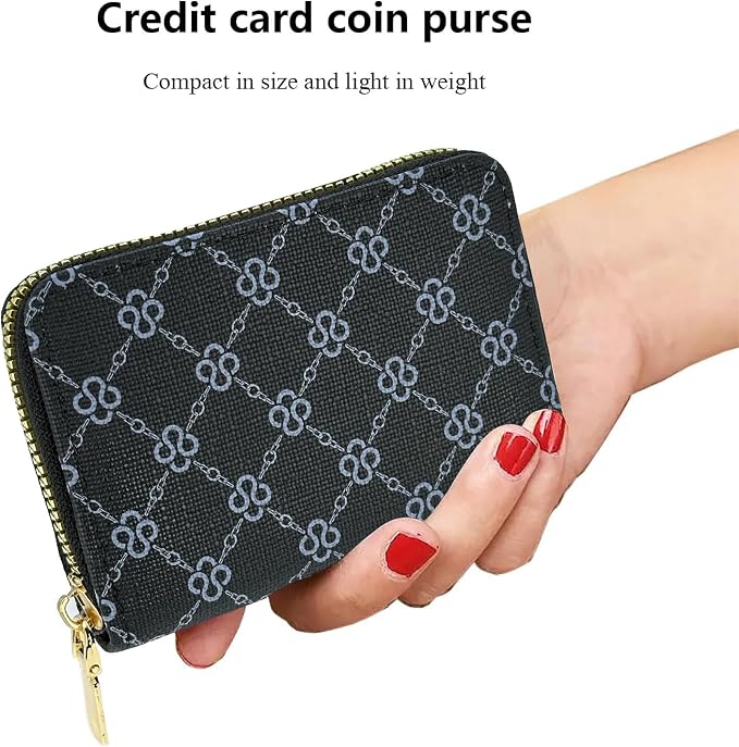 Ladies change card bag, zip storage bank card case, small portable 11 large capacity pouch, holds banknote change credit card(Black grid)
