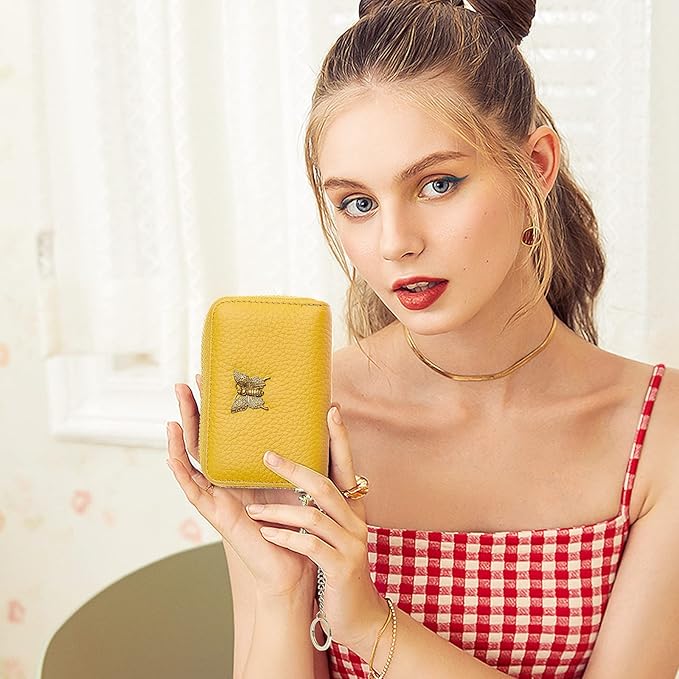 imeetu RFID Credit Card Holder for Women Genuine Leather Card Case Wallet with Zipper and Removable Keychain (Yellow)