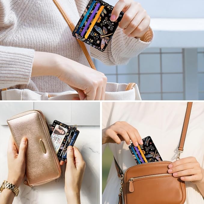 Slim Credit Card Holder Wallet RFID Blocking Minimalist Wallets Lightweight Thin Small Cute Card Case for Women, Dragonfly