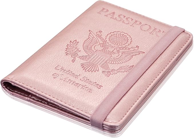 ACdream Passport Holder Cover, Leather Travel Wallet Case, RFID Blocking Document Organizer Protecrtor, with Slots for Credit Cards, Boarding Pass, for Women and Men, Rose Gold