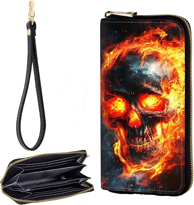 Zip Around Wallets for Women with Detachable Wrist Strap, Large Capacity RFID Blocking Leather Purse Organizer Card Holder Wristlet,Red Fire Skull