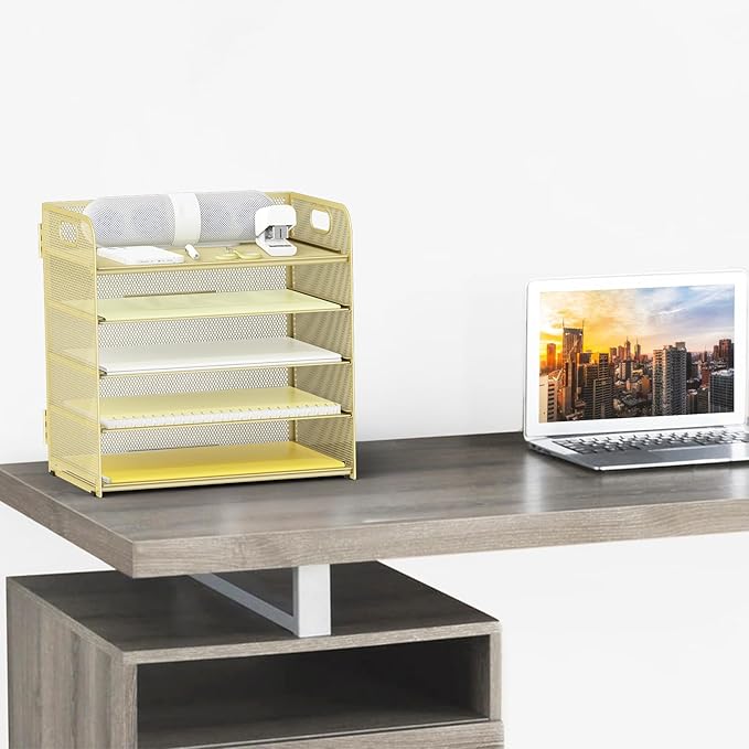 Sinboun Letter Tray Paper Organizer 5-Tier Desk Organizer File Organizer Paper Holder with Handle, Metal Desktop Document Shelf Tray Office Classroom Organization - Gold