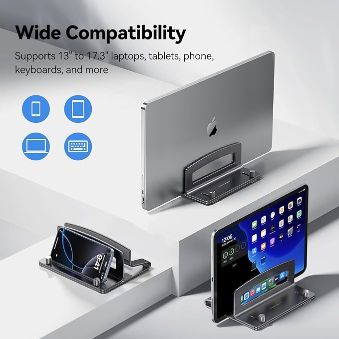 TECKNET Vertical Laptop Stand, Adjustable Aluminum Laptop Stand (Fits Up to 17.3"), Space-Saving Vertical Stand with Non-Slip & Scratch-Resistant Silicone, Compatible with MacBook Pro/Air, Dell, HP