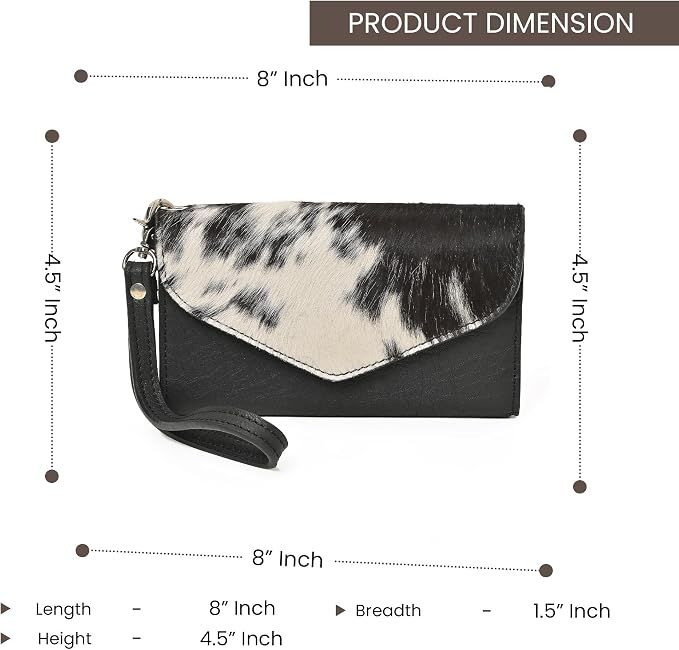 Merbaa Leather Wallet for Women, Wristlet Bifold Card Cash Phone Wallet Ladies Cowhide Hair-On Travel Clutch Purse, Slim Bifold Organizer with Card Slots, Zip Coin Pocket & Magnetic Closure, Black