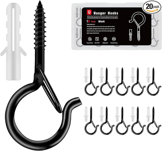 Black Screw Hooks with Safety Lock 2.3" Rustproof Metal Ceiling Hooks for Hanging Plants, Baskets,String Lights & Outdoor Decor, 40LB Capacity (10, Black)