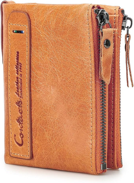 CONTACTS Soft Leather Wallet for Women Small Bifold Coin Purse Double Zipper Card Holder with RFID Blocking (Light Orange)