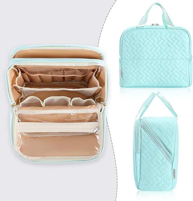 Makeup Bag, Stand up Large Capacity with Room for Brushes and Mirror, Travel Makeup Organizer, Portable Standing Make Up Case, Waterproof Cosmetic Toiletry Bags with Handle, Color Mint Green