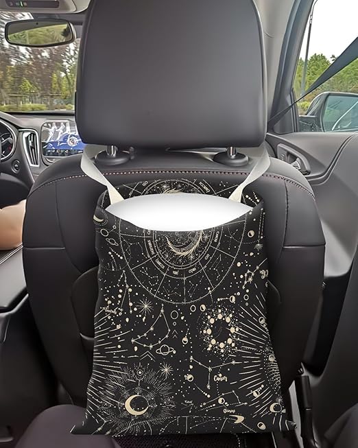 Car Trash Can, Seat Back Hanging Car Trash Bag, Cute Canvas Car Garbage Bag, Essential Car Trash Bin Car Organizers Sun and Moon