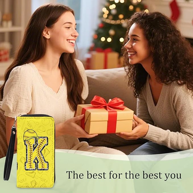 Softball Lovers Gift Womens Wallet - Small Slim PU Leather Letter K Wallet for Women with Zipper Purse, Credit Card Holder Wallets, Wristlet Wallets for Girls Women Player Coach (Letter K Gifts)