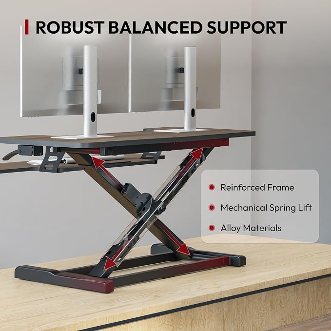 SANODESK 36" Standing Desk Converter, Smooth Mechanical Spring Effortless Lift Sit-Stand Riser for Dual Monitors, Heavy Duty Workstation with Keyboard Tray, Walnut