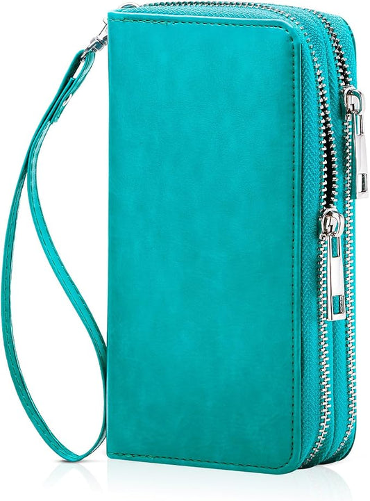 Cellphone Wallet for Women Dual Zipper Long Purse with Removable Wristlet