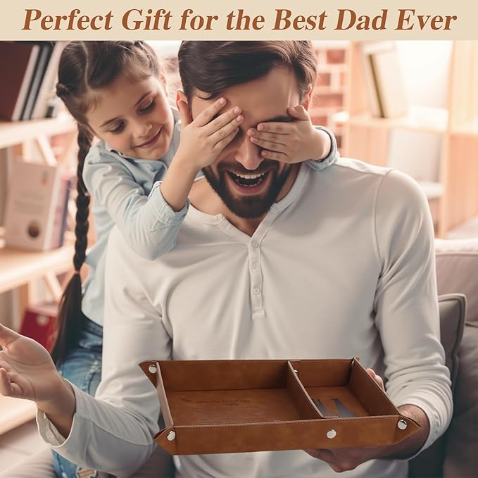 Best Dad Ever Gifts PU Leather Valet Tray, Key Tray Christmas Gifts for Dad Who Wants Nothing, Unique Dad Gifts from Daughter Son, Large