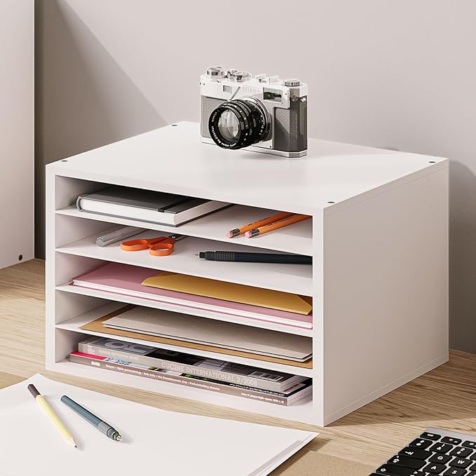 Ballucci 5 Tier Paper Organizer Letter Tray, Wood Desk File Organizer with Adjustable Shelves, Home Office School Letter/A4 Mail Sorter Magazine Holder - White