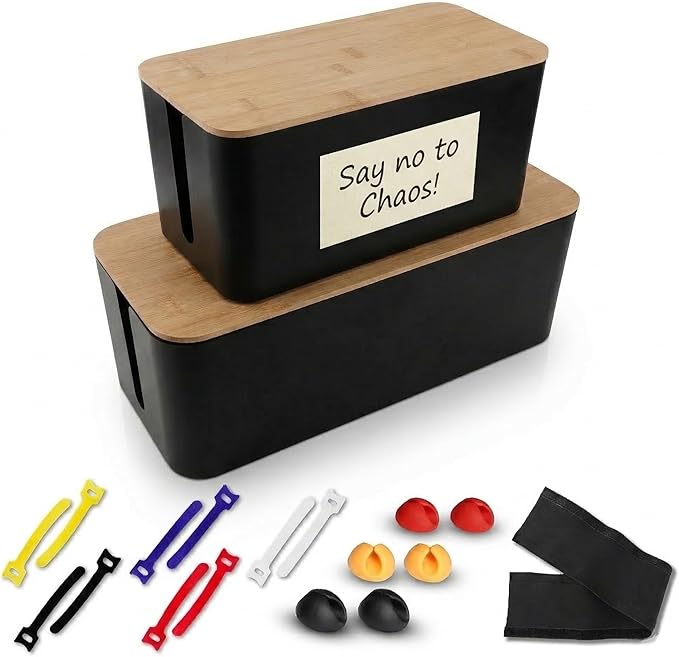 Cord Management Box Set – 2 Pack Cable Organizer Box to Hide Cords and Power Strip Kit with Clips, Reusable Ties & Sleeve – Functional, Modern Design | Medium & Large Sizes for Home & Office Use