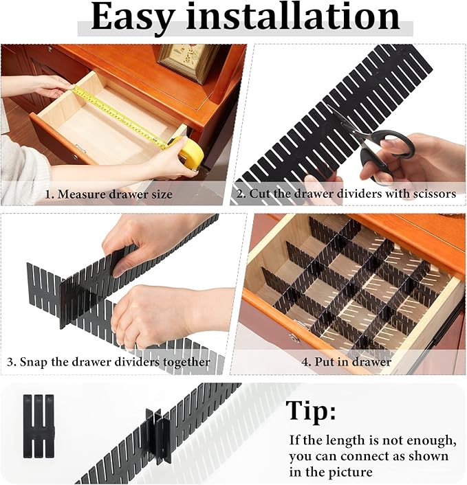 Vesici 80 Pcs Drawer Dividers Adjustable Plastic Organizer DIY Separators Storage Dividers for Socks, Underwear, Makeup, Tidy Kitchen, Bedroom, Dresser(Black)