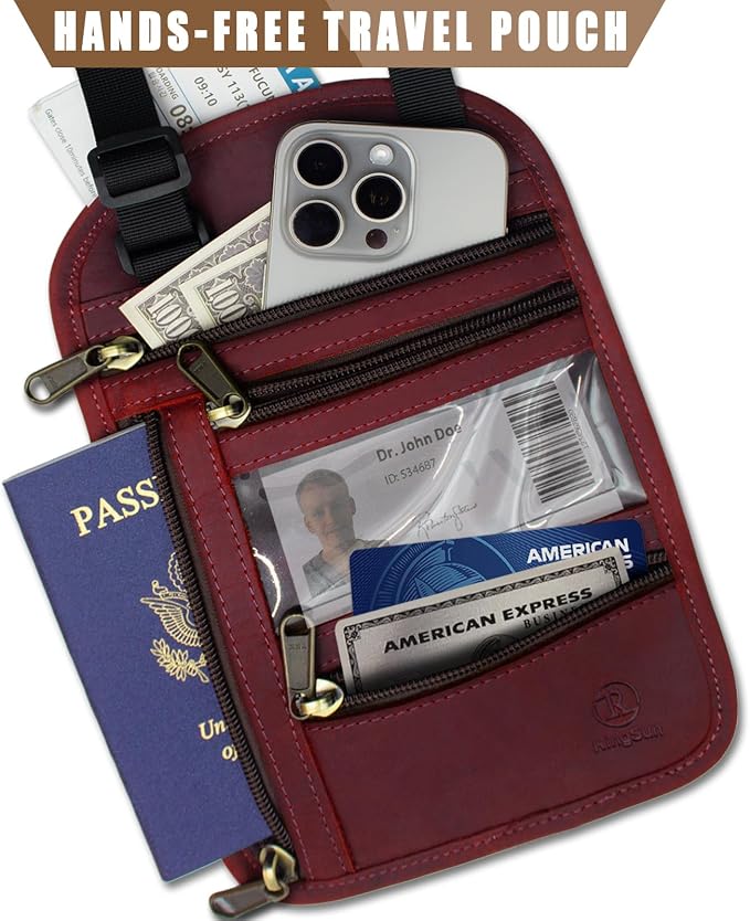 Ringsun Genuine Leather Passport Holder For Travel, RFID Blocking Slim Neck Wallet with Adjustable Strap for Women and Men, Travel Essentials to Keep Cash, Credit Cards and Documents Safe, Red