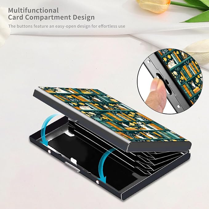 RFID Metal Wallet Credit Cards Holder Slim Mini Business Card Holder Metal ID Case Gift for Men Women,Bookshelves Cats