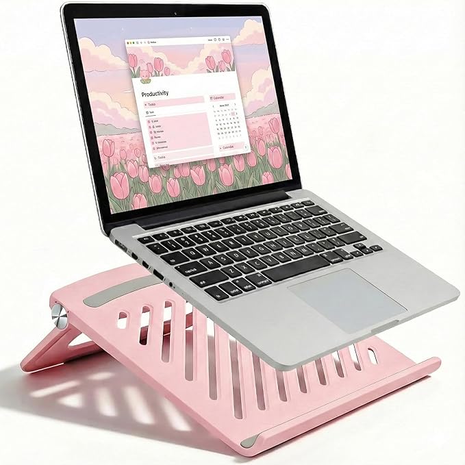 Cute Pink Laptop Stand for Desk - Adjustable Foldable Laptop Riser, Fun White Elephant for Women Coworkers, Ventilated & Sturdy with Anti-Slip Pads for MacBook, Home, Office