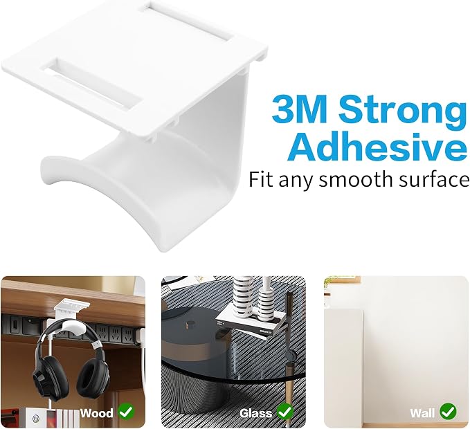 YAODHAOD Headset Hanger Holder Wall Mount, Sticky Headset Stand Holder Clip Under Desk for All Headphone/Controller (White,Removable Hanging Style)