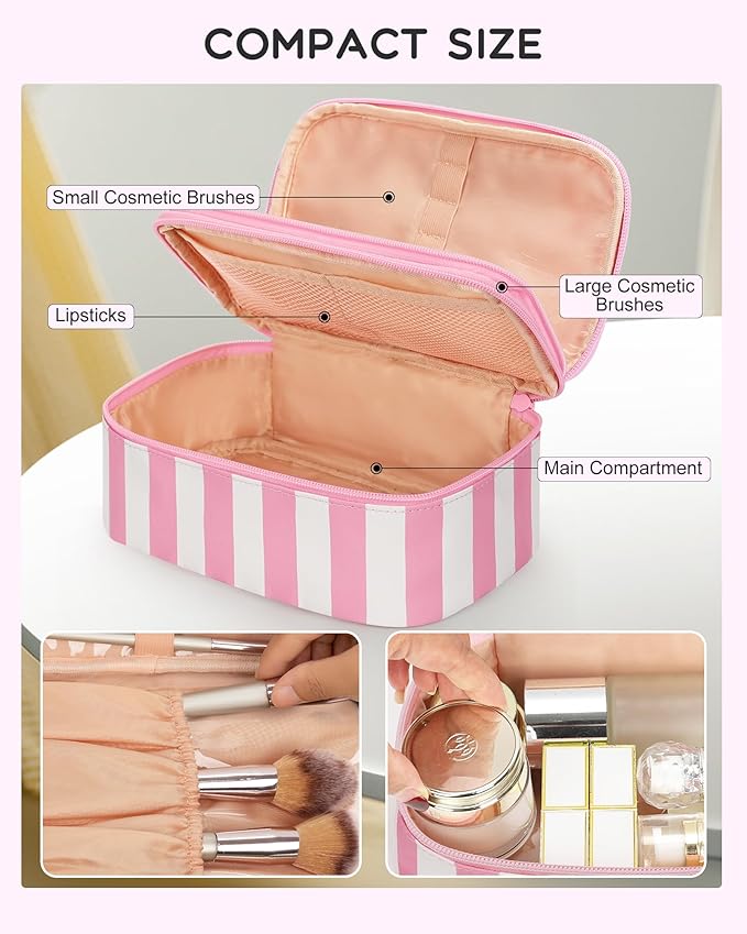 Relavel Travel Makeup Bag, Small Floral Cosmetic Bag with Makeup Brush Compartment, Portable Makeup Pouch for Women, Double Layer Makeup Organizer Bag Cute Toiletry Bag, Wide Strip