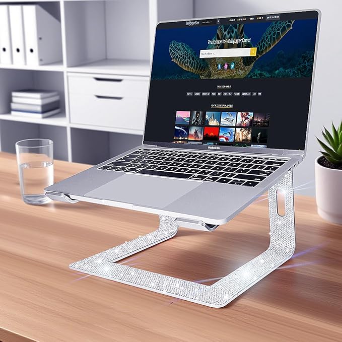 Bling Aluminum Laptop Stand,Glitter Ergonomicic Computer Stand for Desk with Sparkle Rhinestones,Detachable Notebook Riser Compatible with Air, Pro, Dell, HP, 10-15.6" Laptops (Silver)