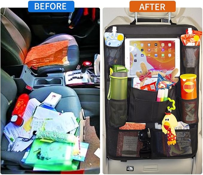 Backseat Car Organizer, 2 Pack Kick Mats Back Seat Protector with Touch Screen Tablet Holder, 9 Storage Pockets for Travel Accessories & Toys, Waterproof & Easy-Clean Black Protector