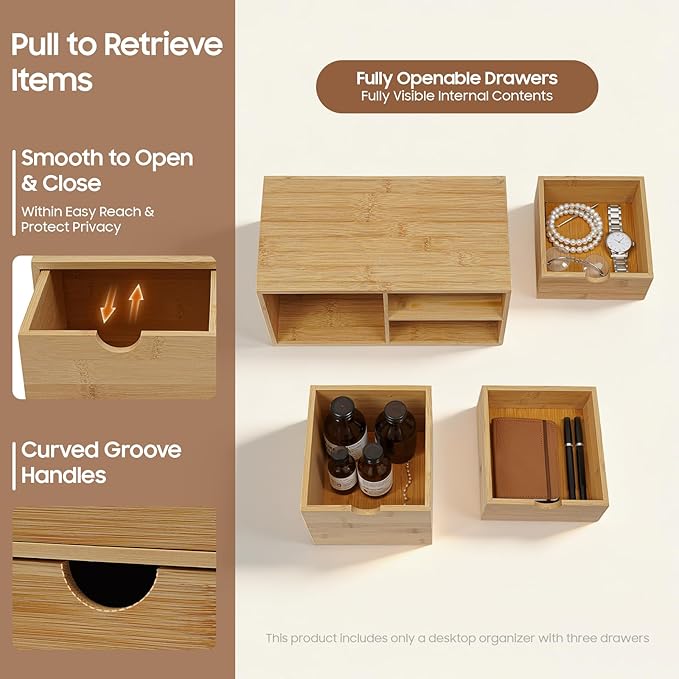 Bamboo Desk Organizer 3 Drawers Tabletop Storage Organization Box, No Assembly Needed for Home Office Storage, 12.99 * 7.48 * 6.3in (1 left & 2 right)