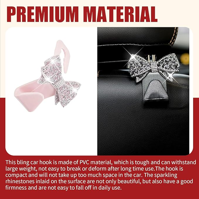 2 PCS Bling Bow Car Headrest Hook, S Type PVC Seat Back Hanger for Purses Bags Grocery, Sparkling Rhinestone Car Seat Hook Storage Decor, Universal for Most Vehicles (Pink)