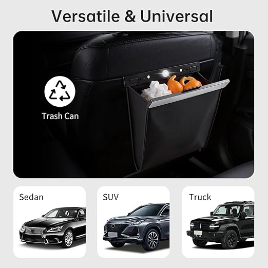 Leather Car Trash Can with Smart LED Light & Magnetic Closure, Hanging Car Trash Bag, Small Car Trash Can, Leak-Proof, Odor-Lock Car Trash Bin for Any Cars, Sedans, SUVs, Trucks, Black