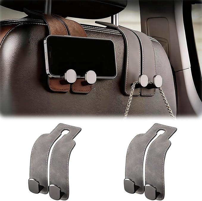 Car Headrest Hook 2 Pack, Universal Car Purse Holder for Back of Seat, Heavy Duty Leather Car Seat Hooks with Dual Metal Hooks, for Handbag, Grocery Bags, Water Bottle, Phone (Gray)