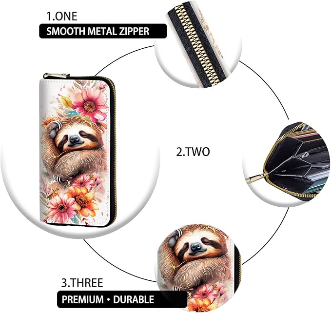 Women's RFID Blocking Zip Around Wallet with Detachable Wrist Strap, Large Capacity Credit Card Holder Organizer for Everyday Use,Cute Sloth Flower