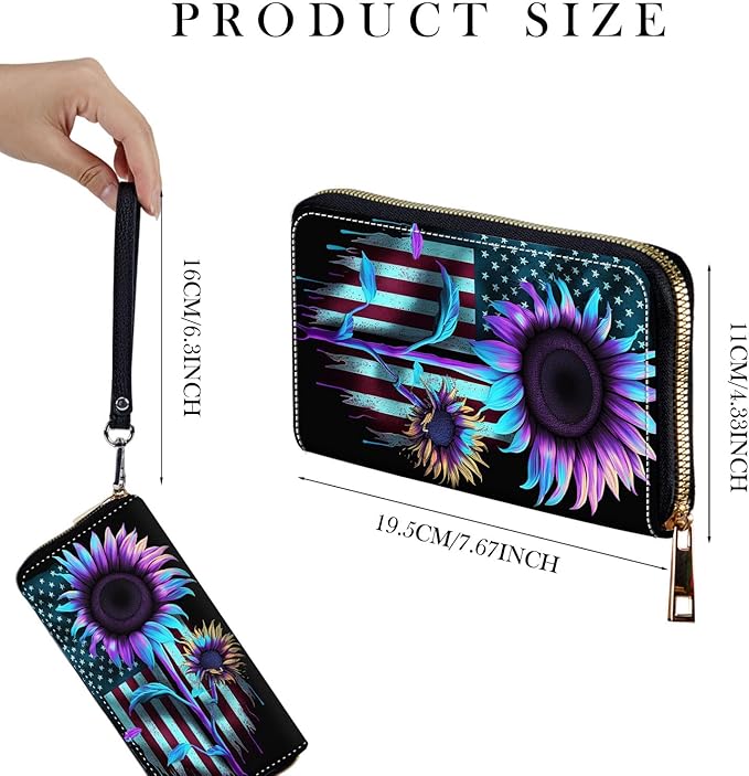 Zip Around Wallets for Women with Detachable Wrist Strap, Large Capacity RFID Blocking Leather Purse Organizer Card Holder Wristlet,American Flag Sunflower