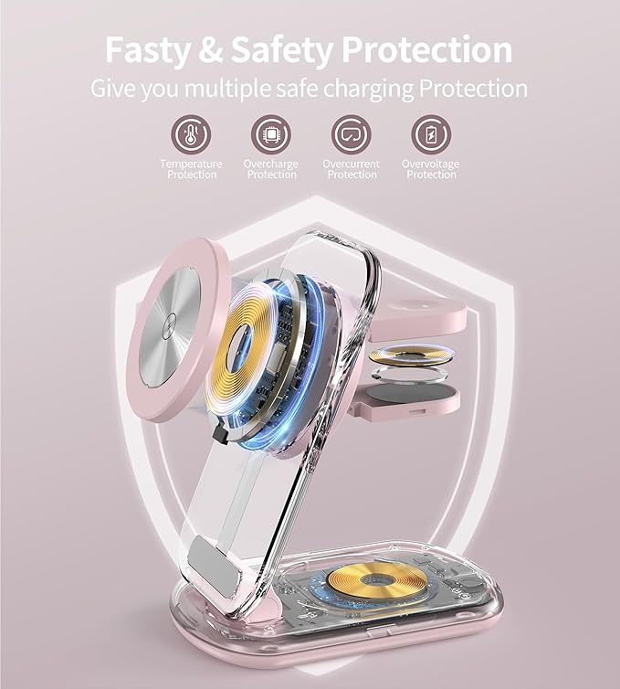 3 in 1 Magnetic Wireless Charging Station for Apple Devices, Fast Foldable Travel Mag-Safe Charger Stand with Night Light for iPhone 17 16 15 14 13 12 Series, Apple Watch/AirPods Pro, PK