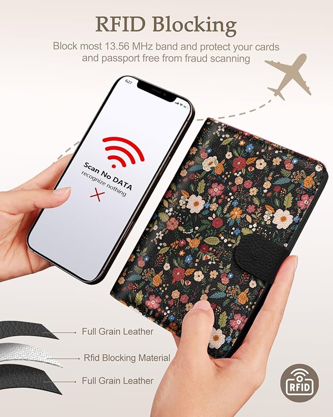 Slohif Passport Wallet Holder Cover for Travel - Women Men RFID Blocking Passport Book Case Protector, Colorful Cute Flower Leather Personalized Organizer Slim Carrier Boarding Pass Cards Slots