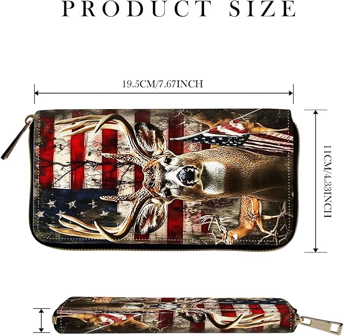 RFID-Blocking Zip Around Wallets for Women with Detachable Wrist Strap,Large Capacity Phone Holder with Card Organizer & Coin Pocket,Deer and American Flag