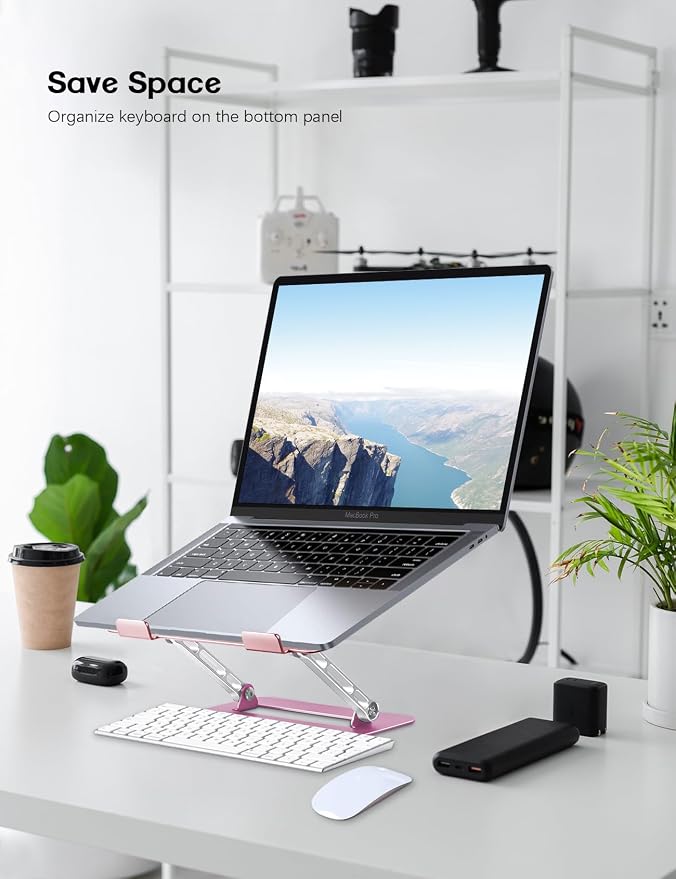 Aoviho Adjustable Laptop Stand for Desk,Portable Laptop Stand Holder and Riser,Foldable Aluminum Notebook Computer Stands for MacBook Air Pro HP Lenovo Dell Samsung, 10-15.6 inch,Blush Rose Silver