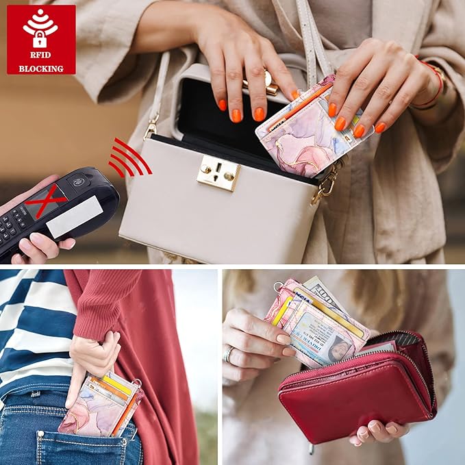 Coco Rossi Slim Front Pocket Wallet RFID ID Card Holder Cute Small Wallet with Keychian for Women,Waterolor Pink