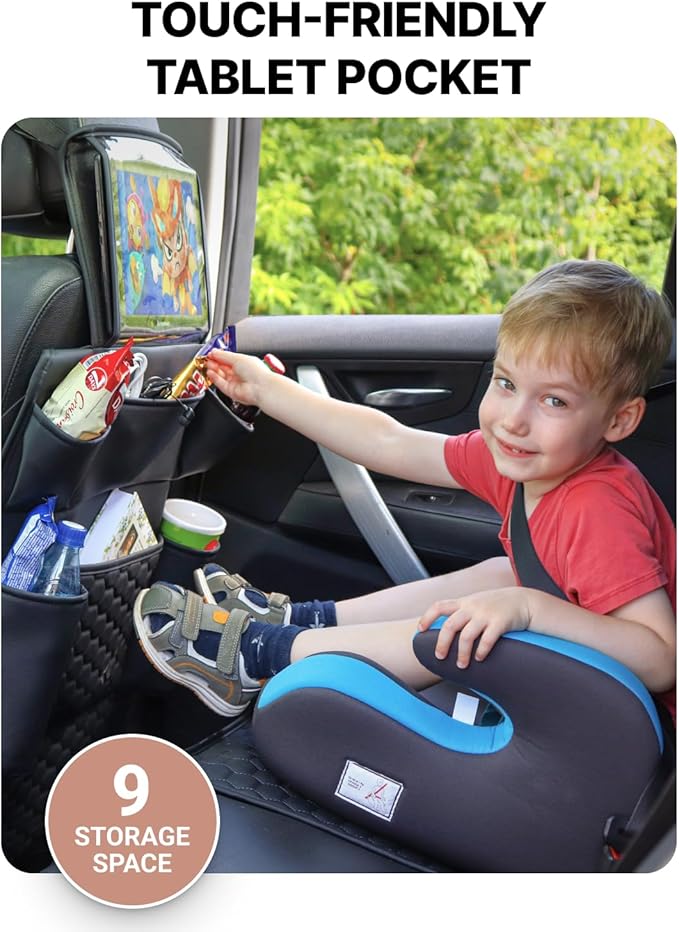 Owleys 2-in-1 Car Interior Set - Brown Eco Leather Seat Protector with Kick Guard + Kids Back Organizer with Tablet Pocket - Family Travel Gift