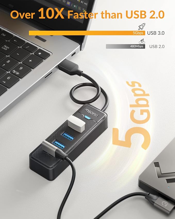 iDsonix USB 3.0 Hub, 4 Ports USB Hub for Laptop, 5Gbps USB Splitter Multiport Adapter, USB Extension Cable Hub for PC, Desktop, Xbox, Flash Drive, HDD, Console, Printer, Keyboards, Mouse