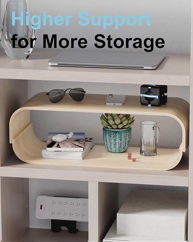 Bent Wood Monitor Stand Riser, Solid Wood Dual Monitor Riser with Storage, 2-Tier Natural Wood Desk Shelf Organizer for Computer, Laptop & Printer, No Assembly, Max Load 110lbs